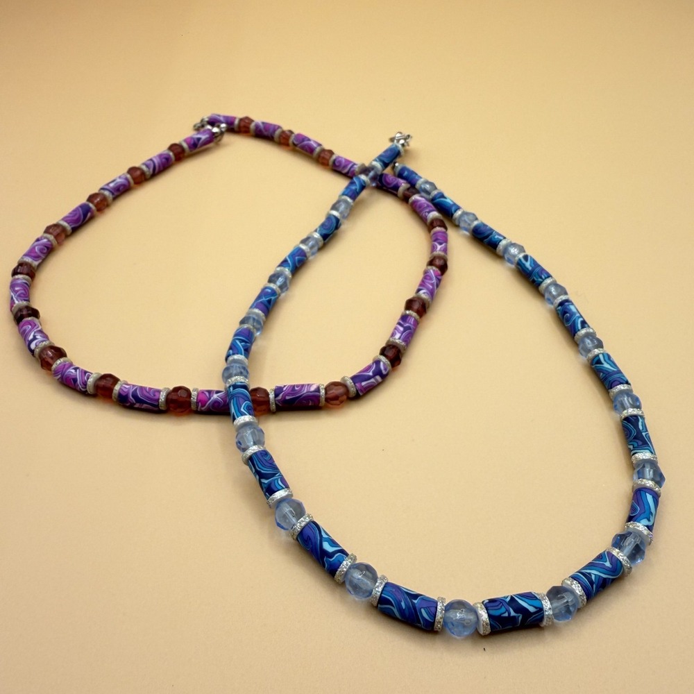 2pc Blue Purple Swirl Beaded Necklace Set Rhinestone Tube Y2K Boho Statement